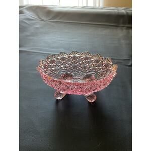 Vintage LG WRIGHT Pink Daisies & Buttons Footed Glass Nut Candy Dish * 5.5" Long